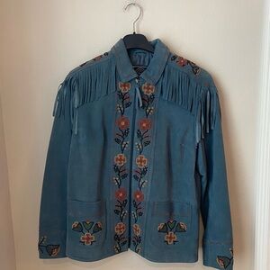 Double D Ranch 30th Anniversary Beaded Fringe Leather Jacket Blue Western Floral